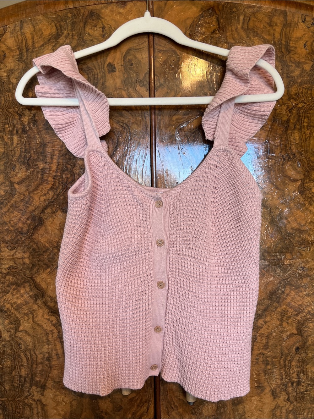 Petal Pink Ruffle Strap Sweater Knit Tank with Button Front